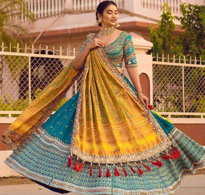 Sky blue soft butter silk digital printed real mirror work lehenga choli