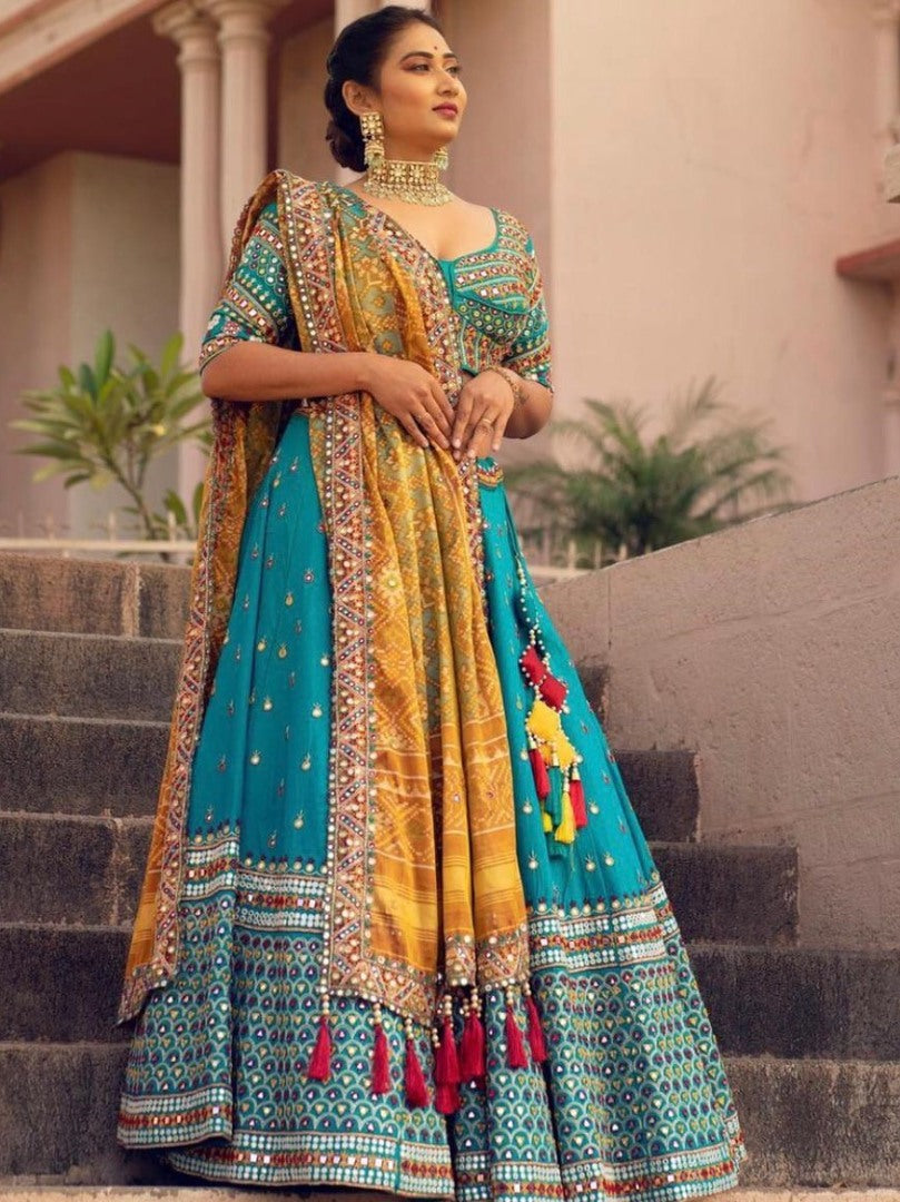 Sky blue soft butter silk digital printed real mirror work lehenga choli