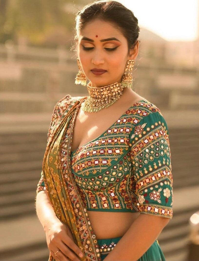 Sky blue soft butter silk digital printed real mirror work lehenga choli