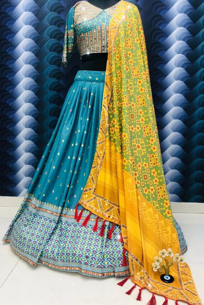 Sky blue soft butter silk digital printed real mirror work lehenga choli