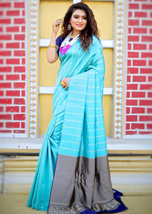 Sky blue soft lichi silk ceremonial saree