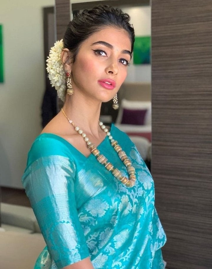 Sky blue soft lichi silk jacquard weaving work ceremonial saree