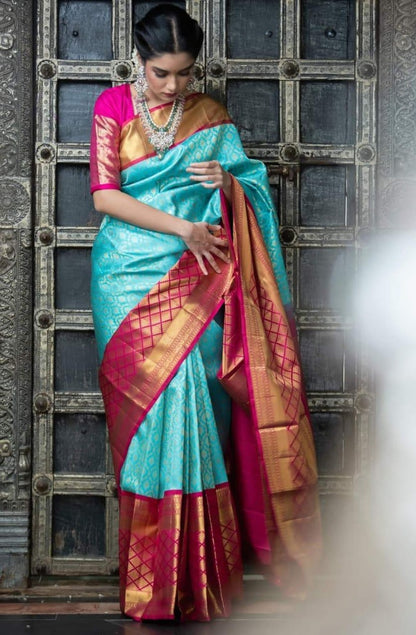 Sky blue soft lichi silk jacquard weaving work ceremonial saree