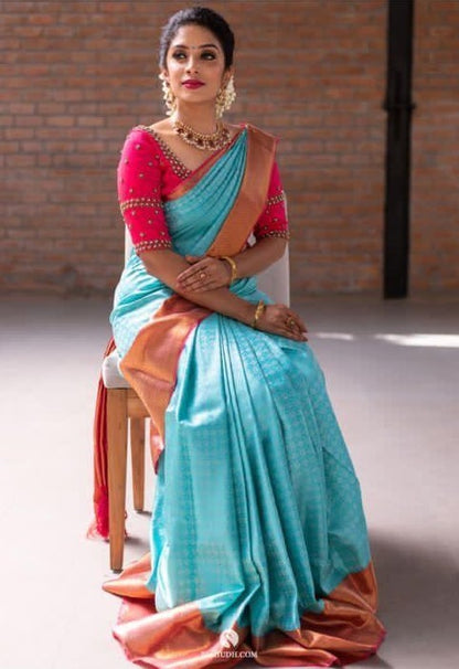 Sky blue soft lichi silk jacquard weaving work ceremonial saree