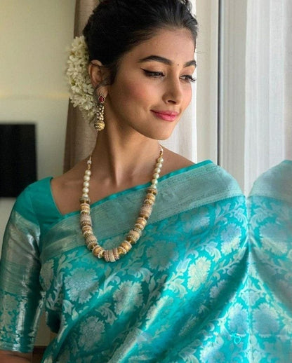 Sky blue soft lichi silk jacquard weaving work ceremonial saree