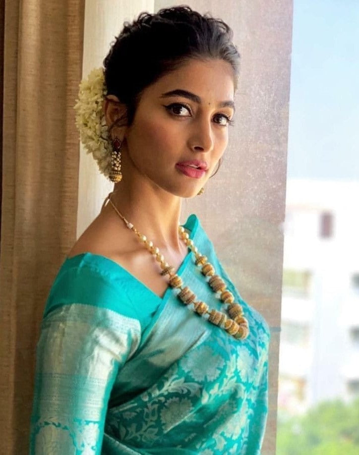 Sky blue soft lichi silk jacquard weaving work ceremonial saree