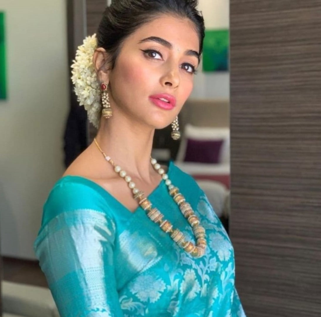 Sky blue soft lichi silk jacquard weaving work ceremonial saree