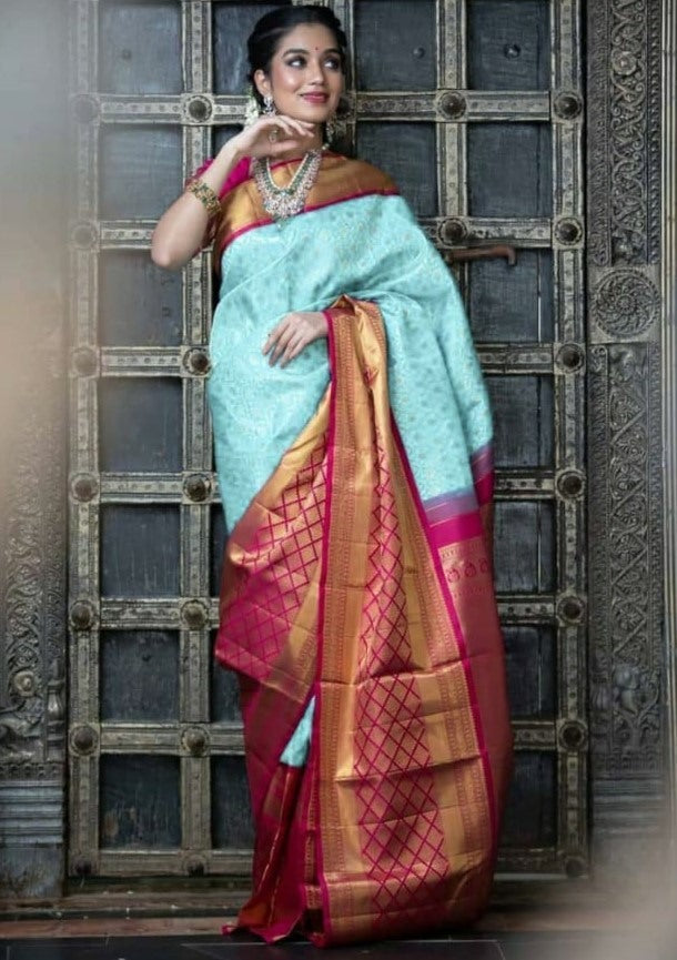 Sky blue soft lichi silk jacquard weaving work ceremonial saree
