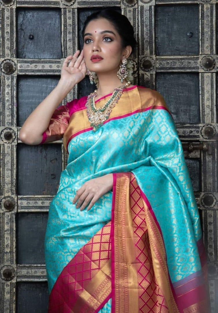 Sky blue soft lichi silk jacquard weaving work ceremonial saree