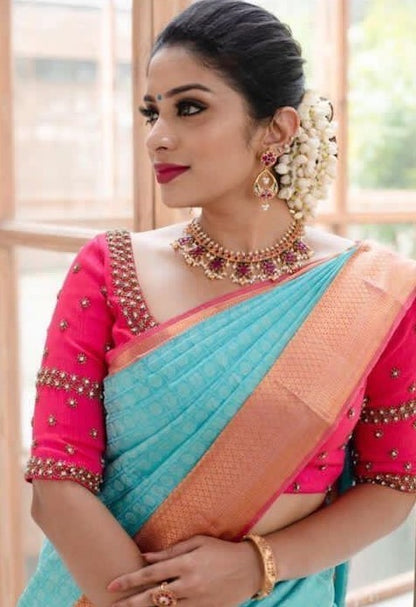 Sky blue soft lichi silk jacquard weaving work ceremonial saree