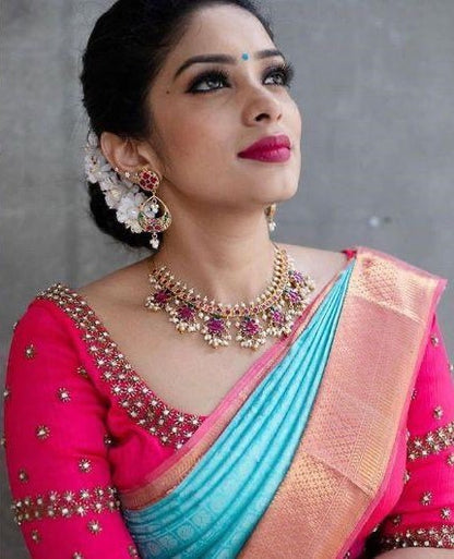 Sky blue soft lichi silk jacquard weaving work ceremonial saree