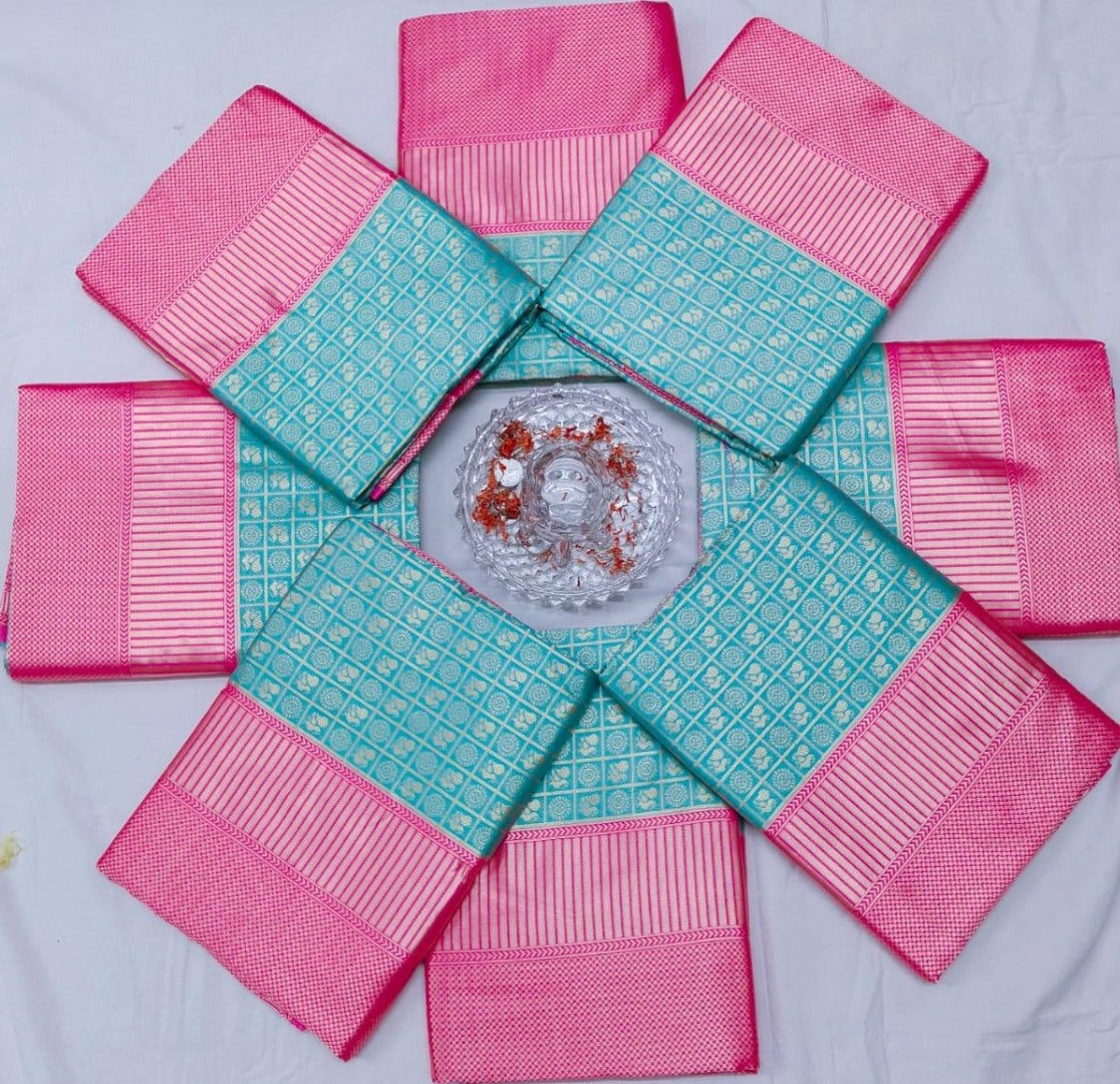 Sky blue soft lichi silk jacquard weaving work ceremonial saree