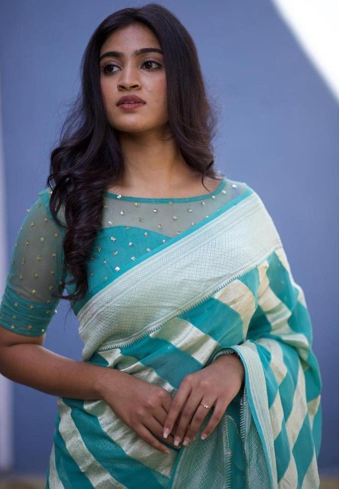 Sky blue soft lichi silk jacquard weaving work wedding saree