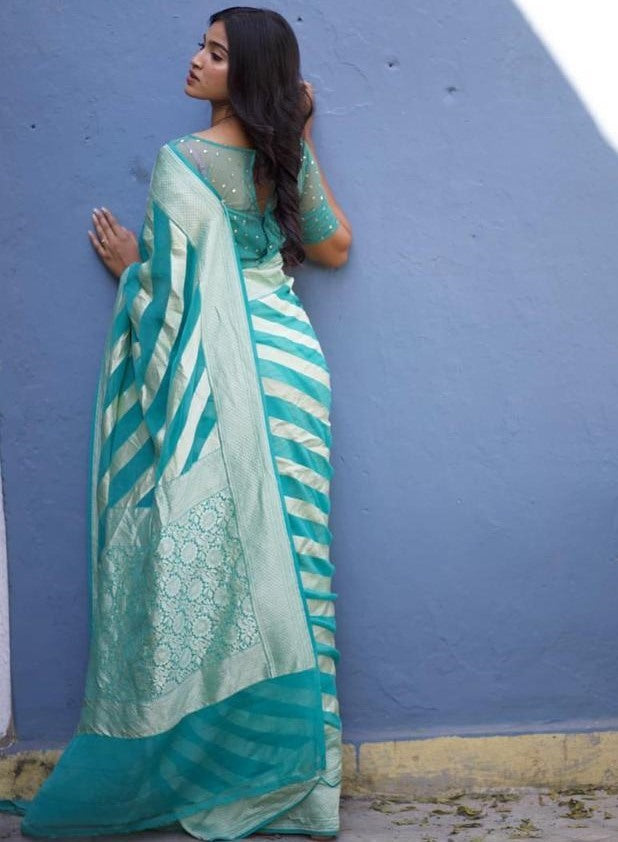 Sky blue soft lichi silk jacquard weaving work wedding saree