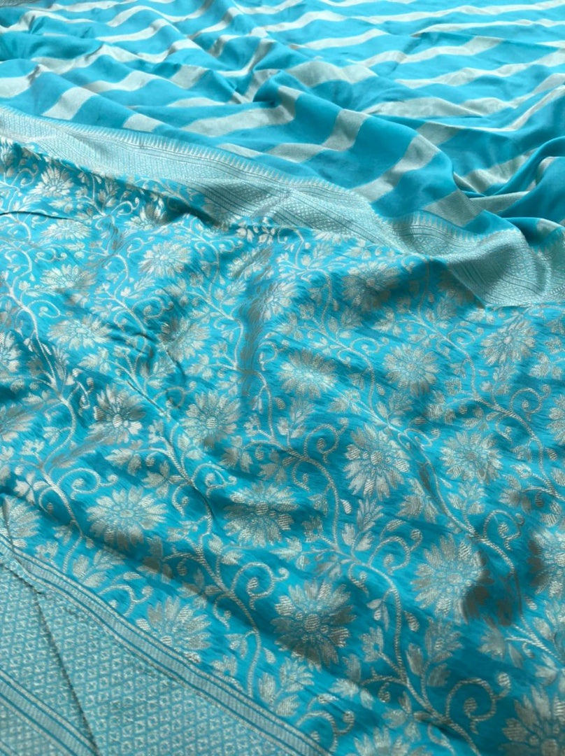 Sky blue soft lichi silk jacquard weaving work wedding saree