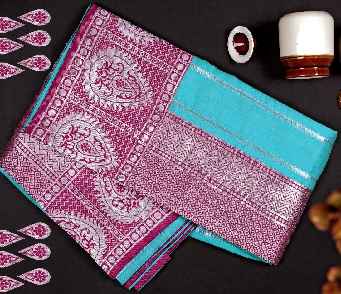 Sky blue soft lichi silk jacquard weaving work wedding saree