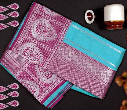 Sky blue soft lichi silk jacquard weaving work wedding saree