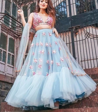 Sky blue soft net embroidered wedding lehenga choli