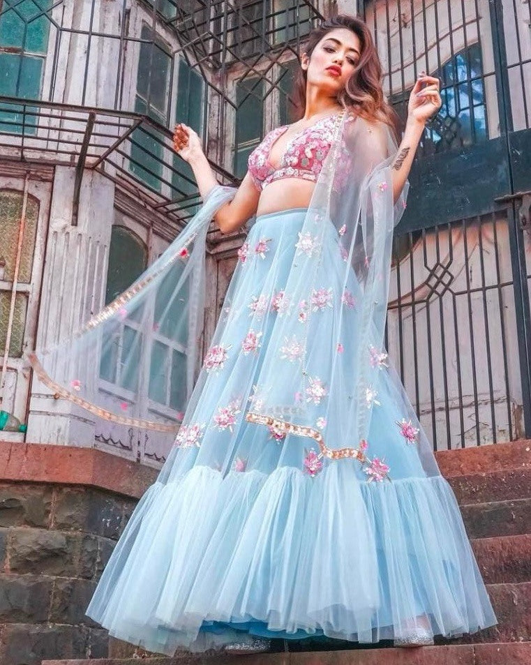 Sky blue soft net embroidered wedding lehenga choli
