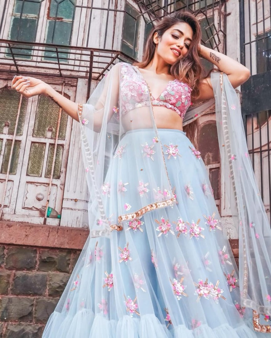 Sky blue soft net embroidered wedding lehenga choli
