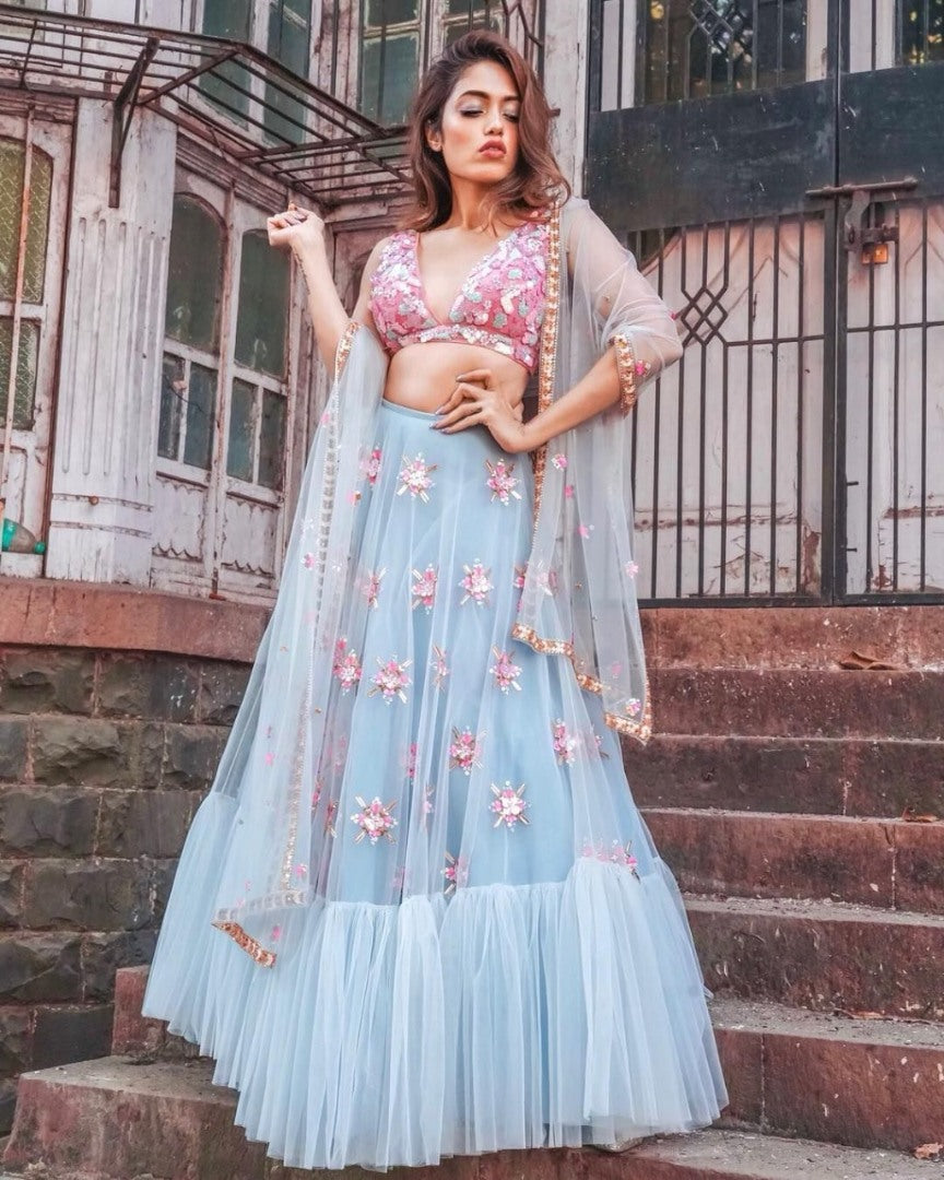Sky blue soft net embroidered wedding lehenga choli