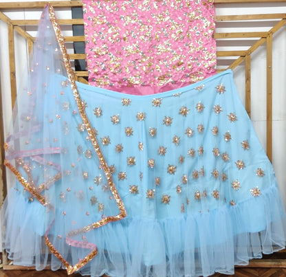 Sky blue soft net embroidered wedding lehenga choli