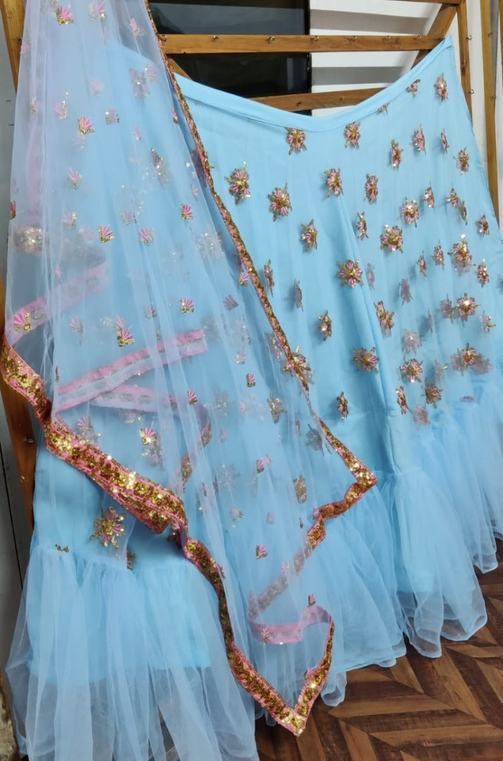 Sky blue soft net embroidered wedding lehenga choli