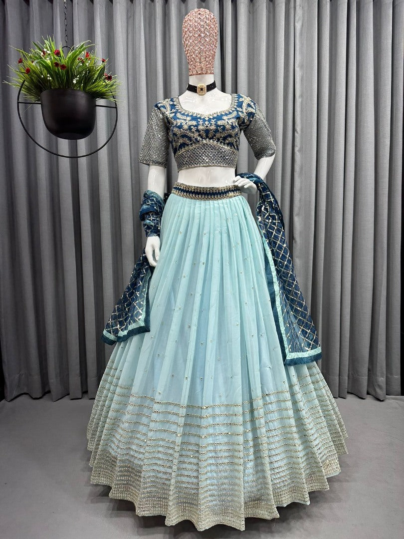 Sky blue soft net heavy embroidery work wedding lehenga choli