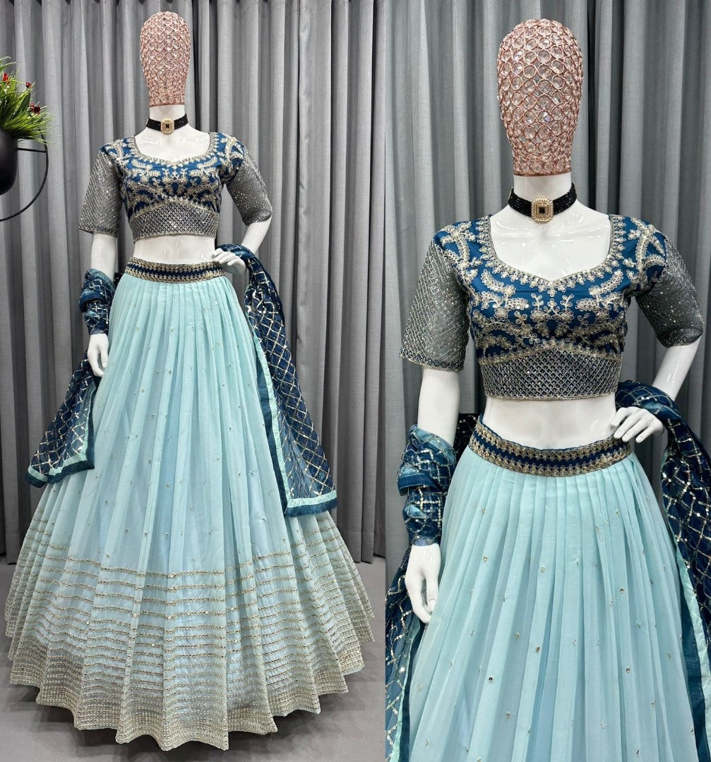 Sky blue soft net heavy embroidery work wedding lehenga choli