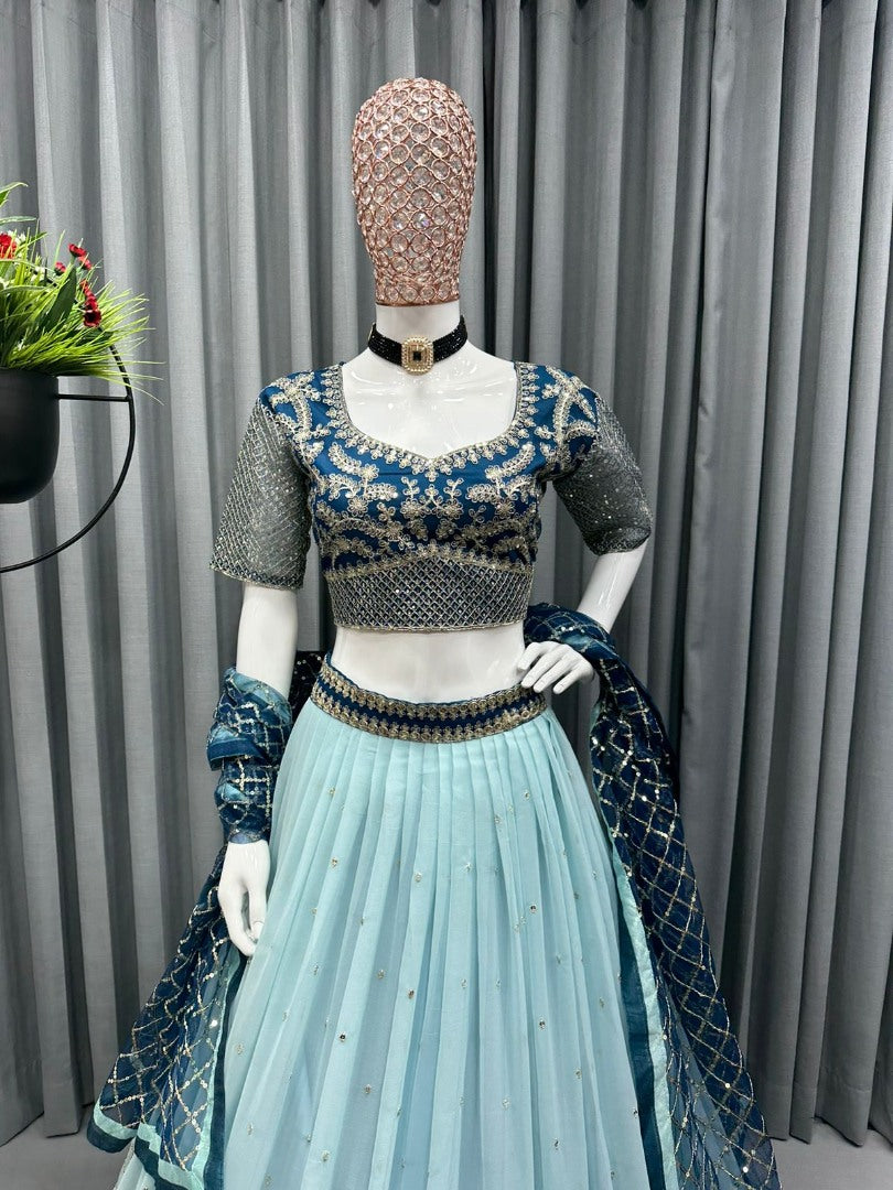 Sky blue soft net heavy embroidery work wedding lehenga choli