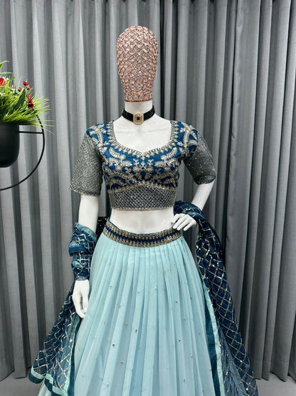 Sky blue soft net heavy embroidery work wedding lehenga choli