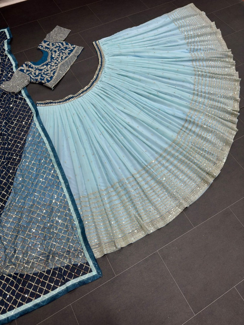Sky blue soft net heavy embroidery work wedding lehenga choli