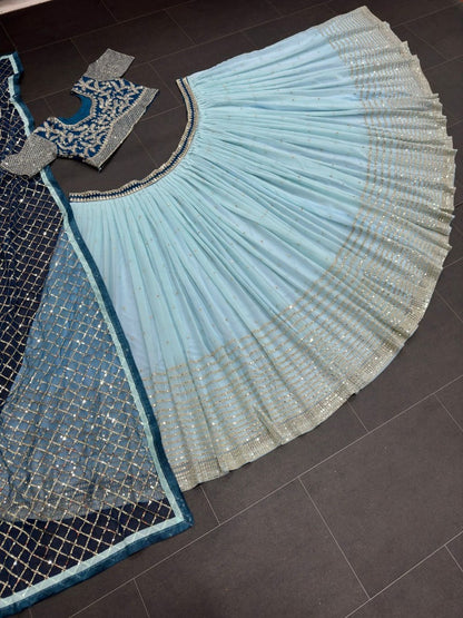 Sky blue soft net heavy embroidery work wedding lehenga choli