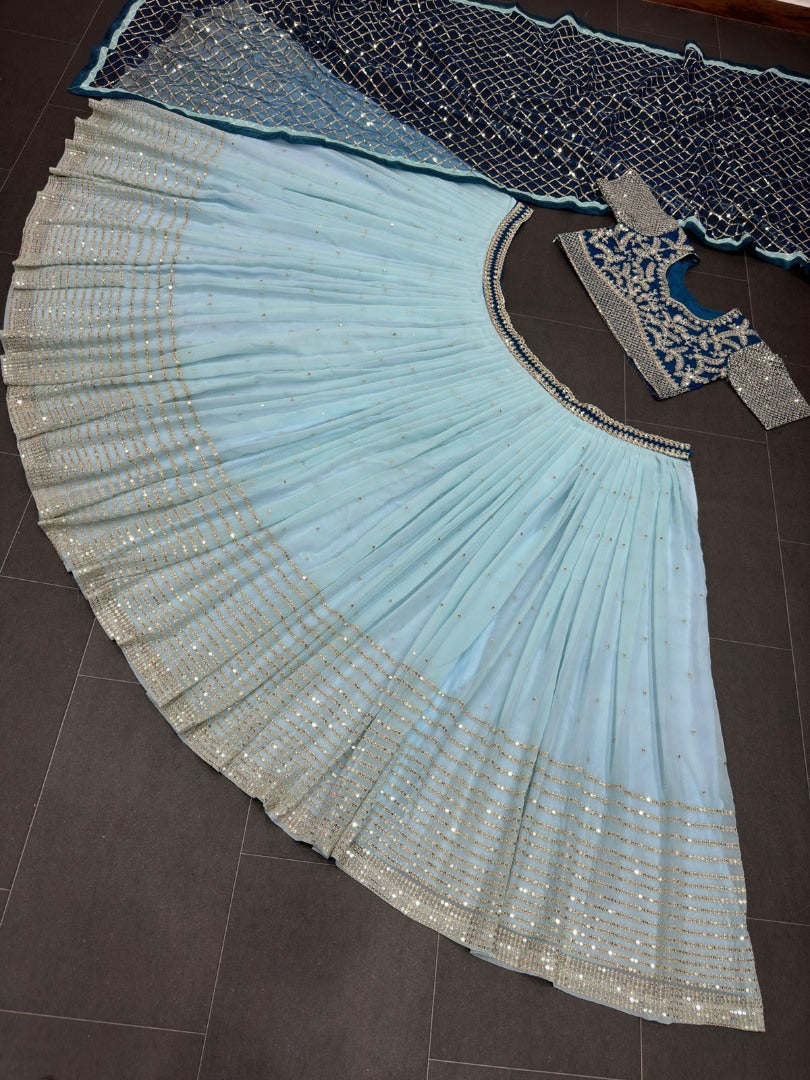 Sky blue soft net heavy embroidery work wedding lehenga choli