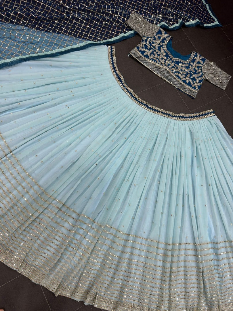 Sky blue soft net heavy embroidery work wedding lehenga choli