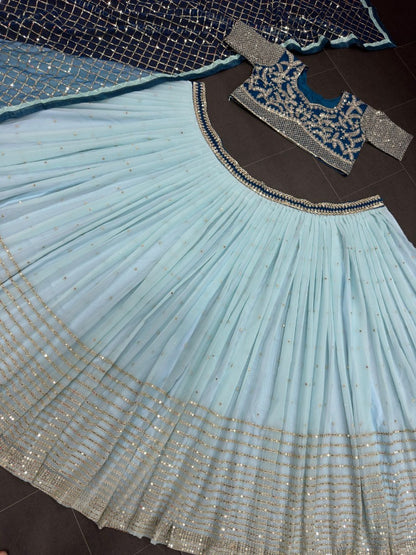 Sky blue soft net heavy embroidery work wedding lehenga choli