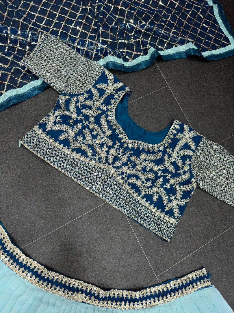 Sky blue soft net heavy embroidery work wedding lehenga choli