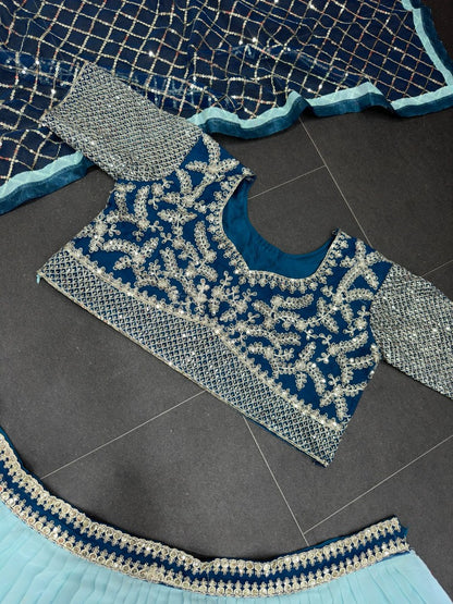 Sky blue soft net heavy embroidery work wedding lehenga choli