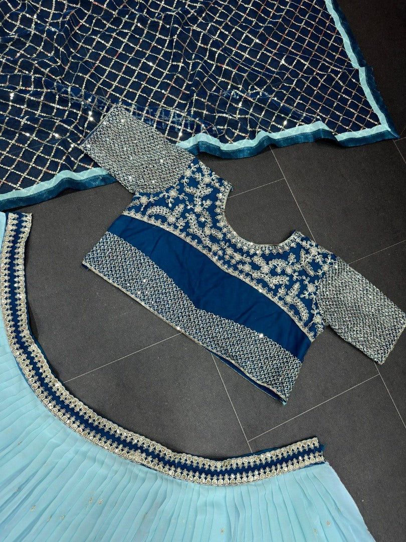 Sky blue soft net heavy embroidery work wedding lehenga choli