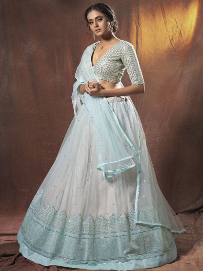 Sky blue soft net sequence resham work ceremonial lehenga choli