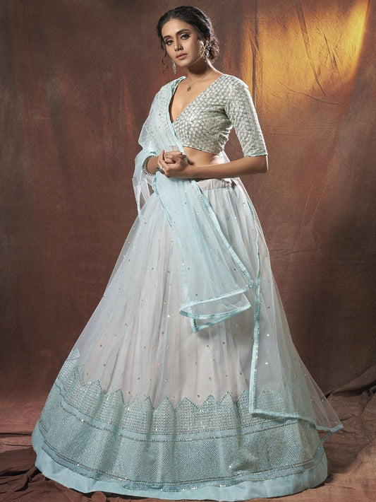 Sky blue soft net sequence resham work ceremonial lehenga choli