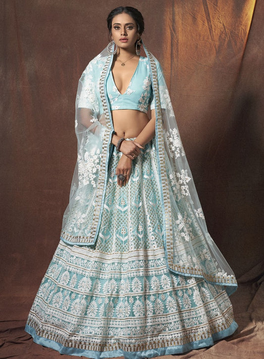 Sky blue soft net sequence resham work ceremonial lehenga choli
