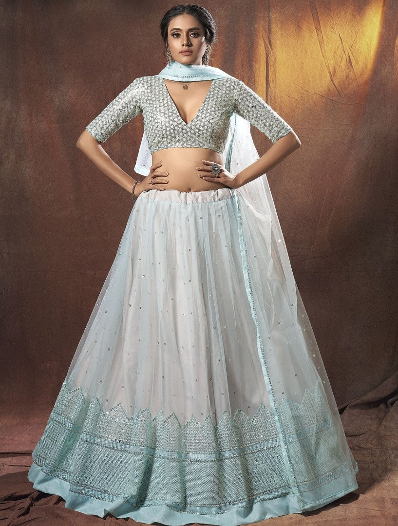 Sky blue soft net sequence resham work ceremonial lehenga choli