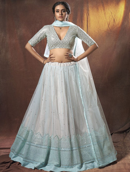Sky blue soft net sequence resham work ceremonial lehenga choli