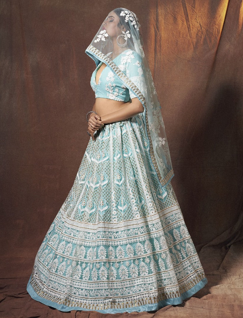 Sky blue soft net sequence resham work ceremonial lehenga choli