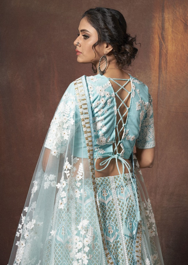Sky blue soft net sequence resham work ceremonial lehenga choli