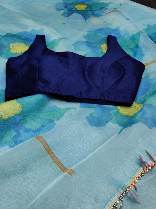 Sky blue soft organza fancy jhalar and printed work saree