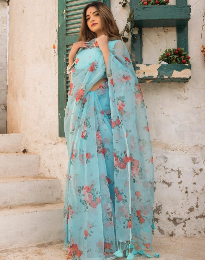 Sky blue soft organza floral printed work saree