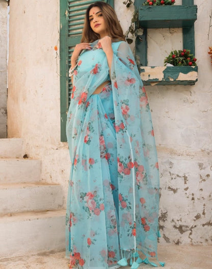 Sky blue soft organza floral printed work saree