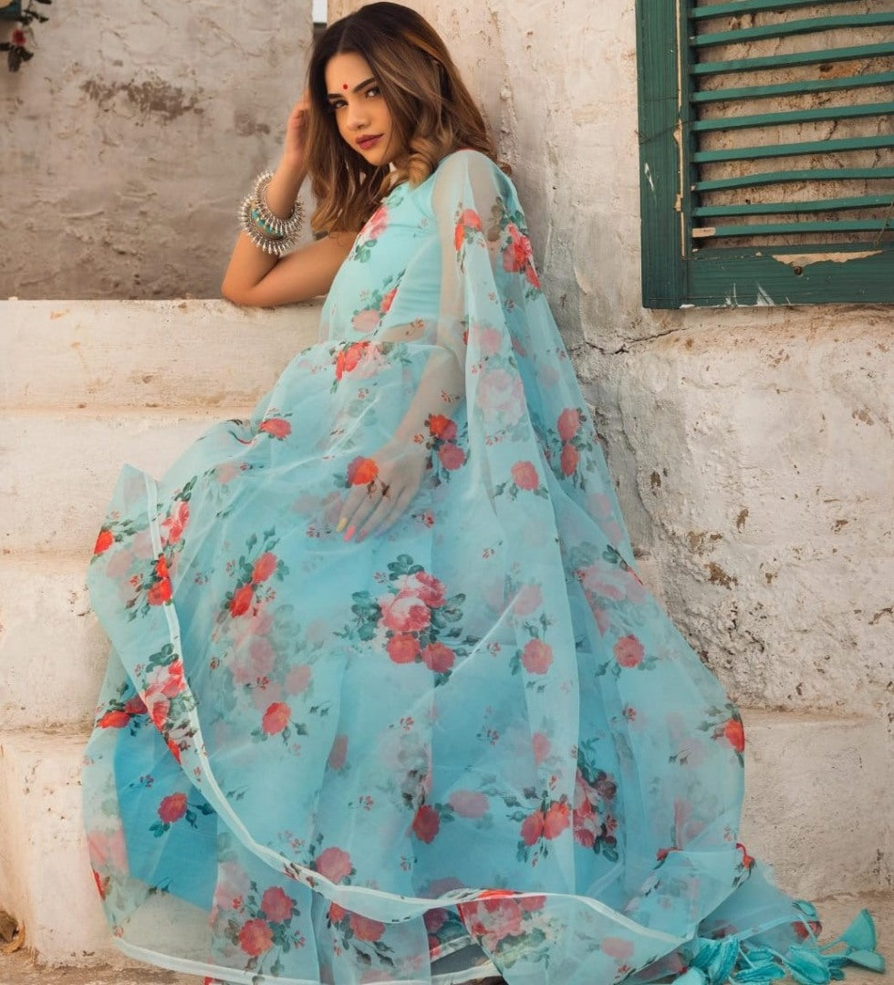 Sky blue soft organza floral printed work saree